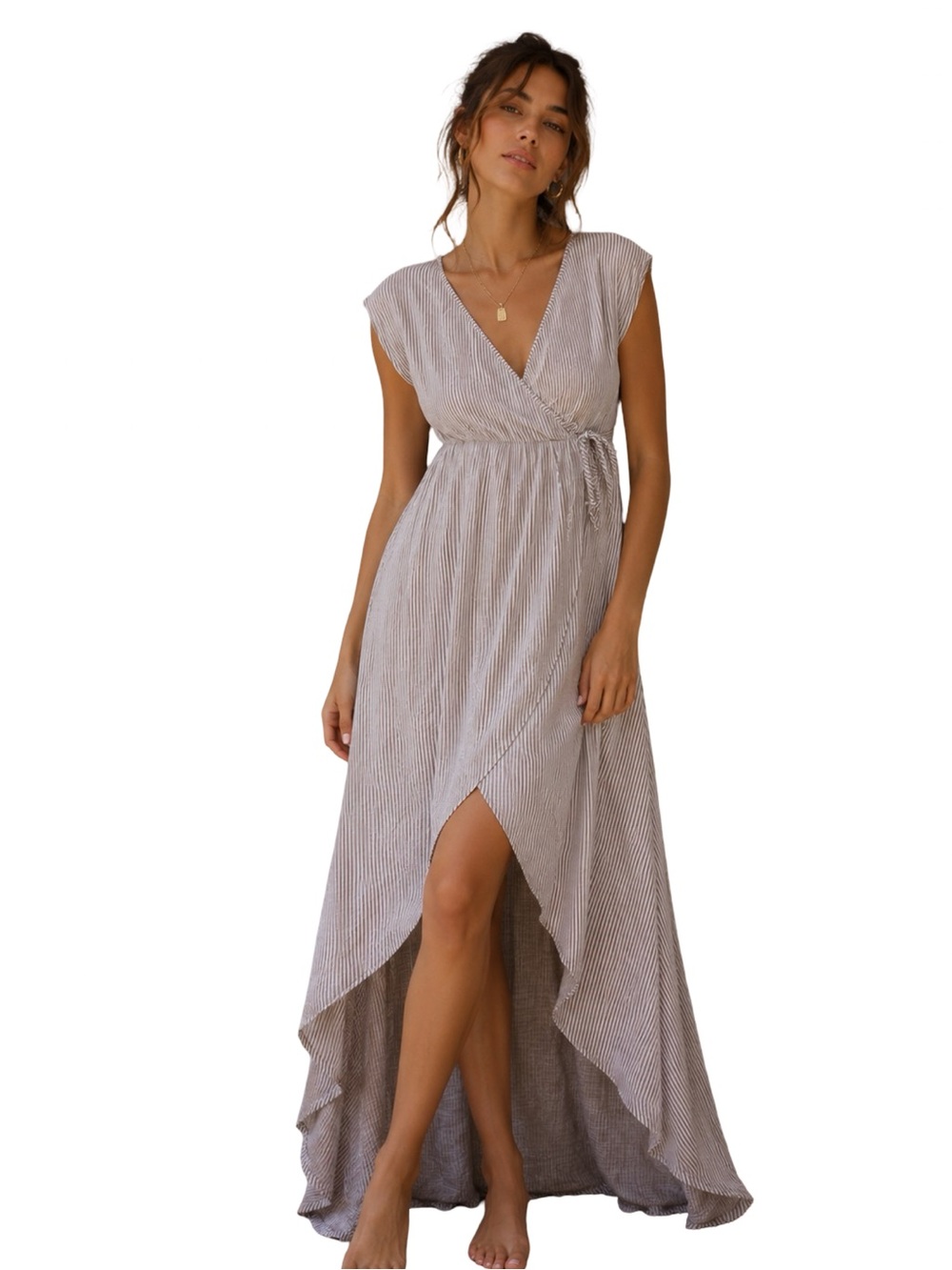 Striped Maxi Wrap Dress White & Tan | Nautical Coastal Granddaughter Maxi Dress